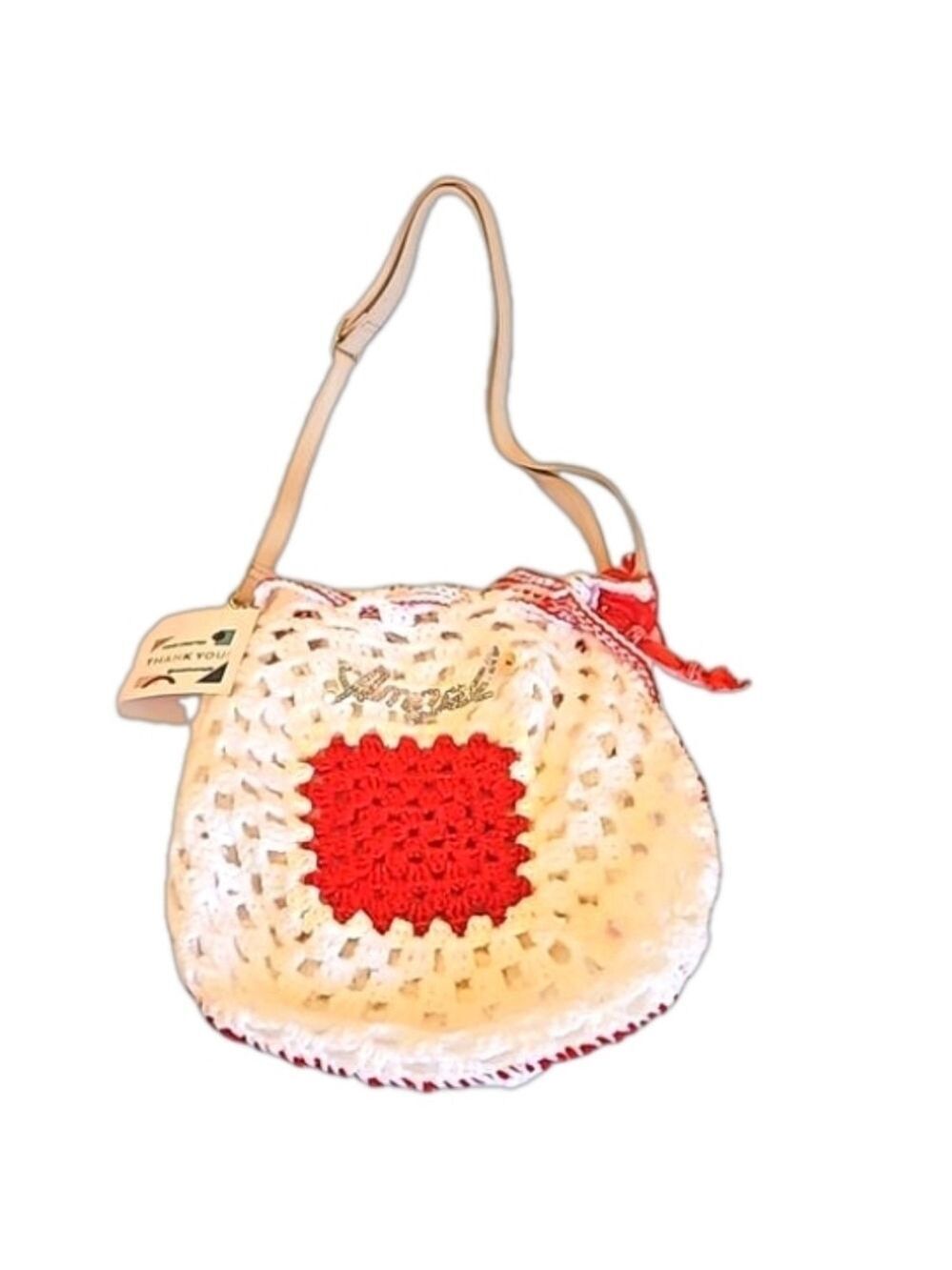 Hand Crafted Grannycore Bag Crochet White & Red Handmade Crossbody purse 14"